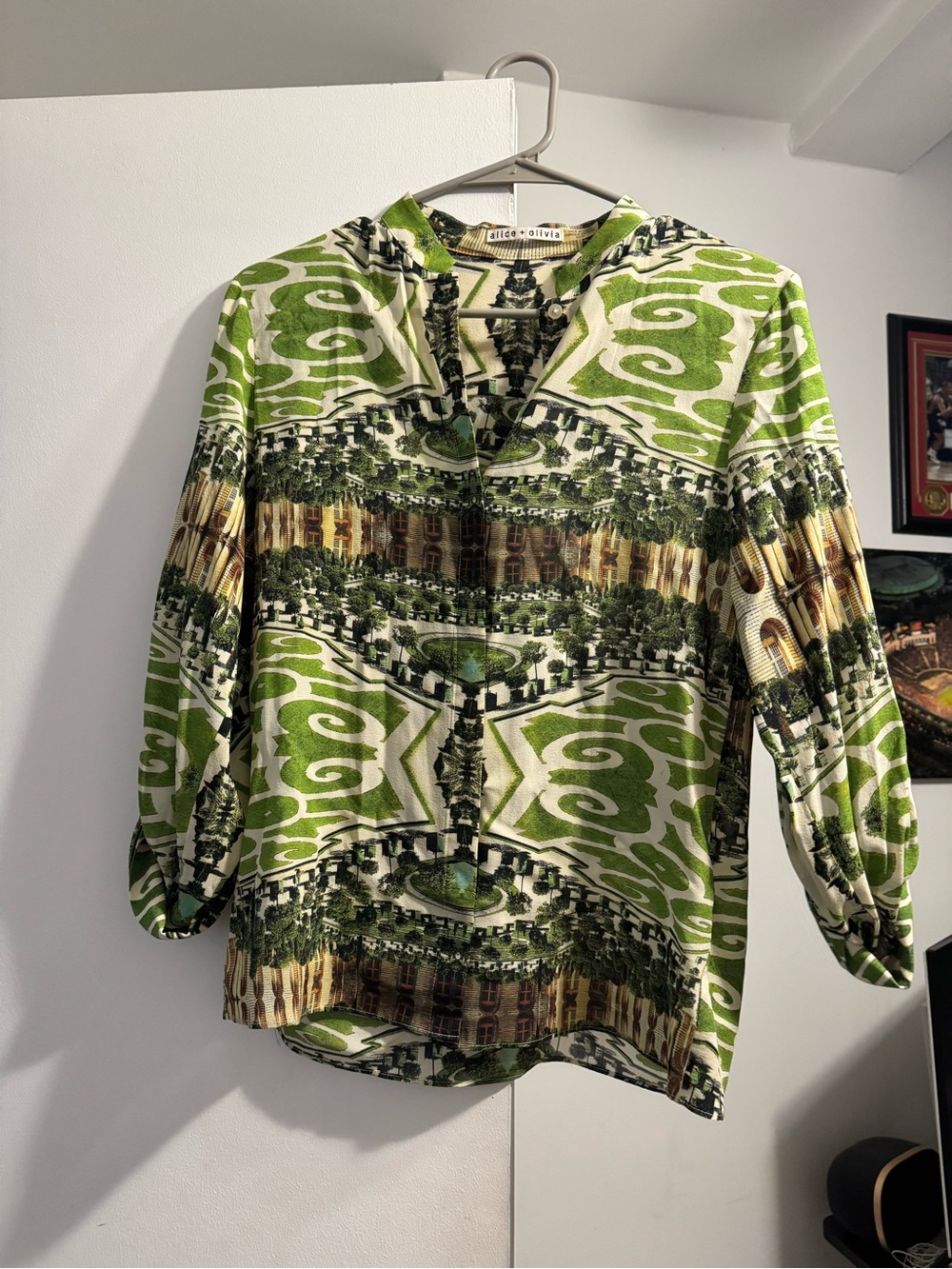alice + olivia Green Patterned sheer silk button down